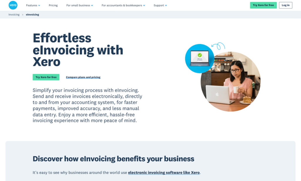 XERO landing page indicating effortless invoicing software use for businesses