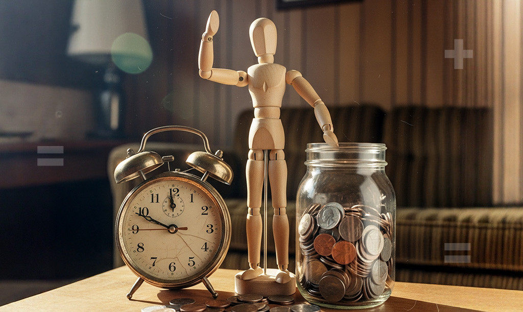 An artist mannequin posed in between an alarm clock and a jar filled with coins.