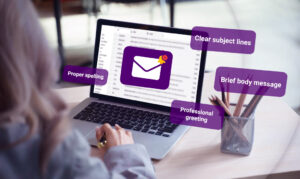 A female business professional in front of her laptop managing inbox notifications while applying email etiquette rules shown as floating texts