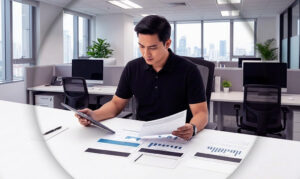 An accountant working at his desk researching through some paper reports and on his tablet