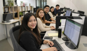 Five offshore accountants in the Philippines looking toward the camera from their workstations, delivering accounting services that support business growth.